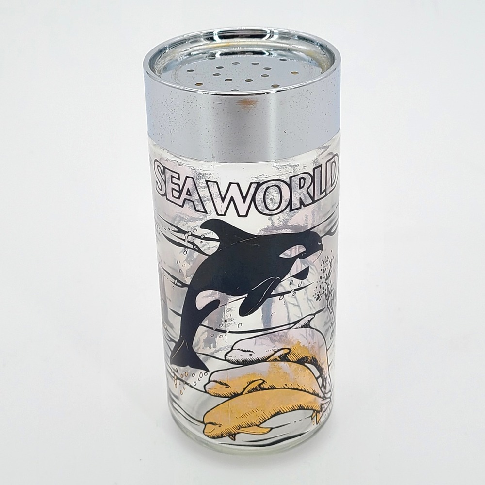 Vintage Sea World 1977 Shamu Black Gold Glass Shaker Orca Souvenir 5"